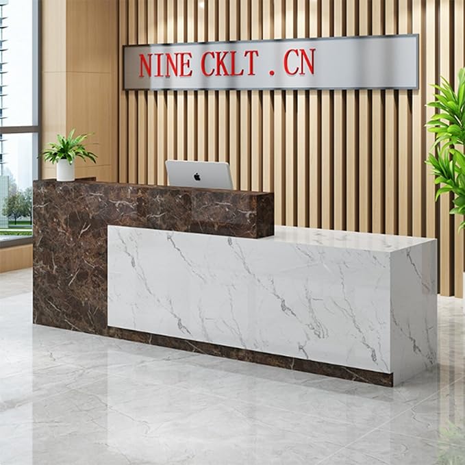 PLMOKN Wood Reception Desk Marble Stone with Checkout Retail Counter L Shaped Modern Mostrador para Negocio Office Desk Closed Front with Storage Drawers for Barber,Salon,Clothing Store