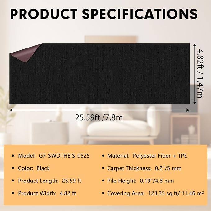 Marine Carpet,5 FT x 25 FT Black Indoor Outdoor Carpet 0.2" Thick with Water-Proof TPE Backing, Non-Slide for Home, Patio, Porch, Deck