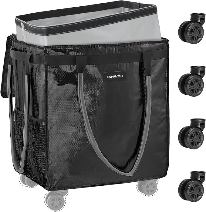 (Large) Fanwoli Reusable Grocery Bag On Wheels with Removable Liner | Wrinkle-Resistant Fabric | Enhanced Stability Wheels & Extended Handle | Foldable Shopping Trolley for Laundry, Carries Up to 130L