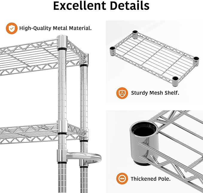 5-Tier Metal Storage Shelving Unit with Wheels, Adjustable Wire Shelf Rack with Side Handle, Stable Metal Shelves Organizer for Pantry, Kitchen and Closet,11.8" W x 23.6" D x 61" H