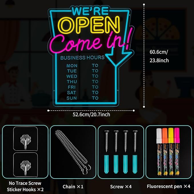MissAudrey Open Neon Sign for Business with Cycle Timer,We're Open Come In Business Hours Neon Sign with Dimmable for Store front Window Shop Store Bar Salon Cafes Pubs Hotel Wall Decor