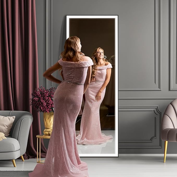 Kosmonia 65x24 Full Length Mirror, Dimmable 3 Color LED Light w/Light Memory, Distortion Free Silver Coating Mirror, HD Reflection &Anti Desilvering,Tempered Glass &Shatter Proof Film Doubles Safety