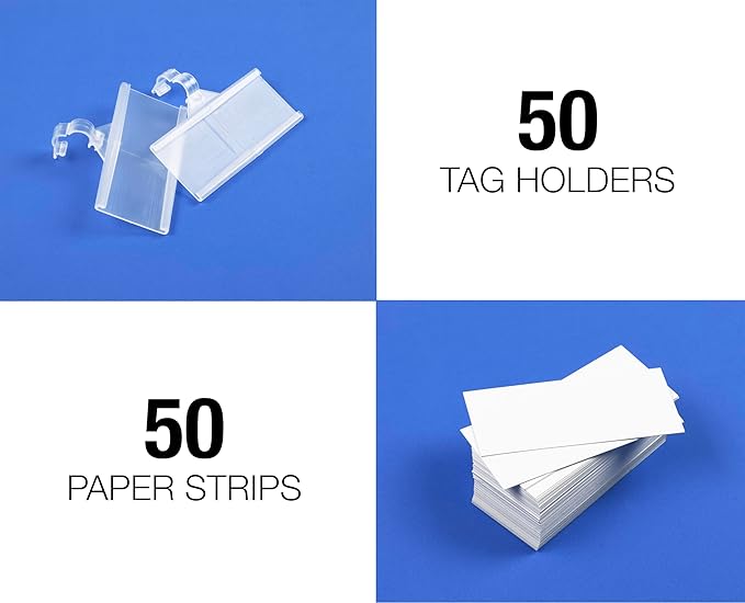 Pack of 50 - Plastic Wire Shelf Label Holder, Sign and Ticket Holder, Easy Clip Design with Tight Snap Lock Closure. Height, 1-1/4" X Width, 3" | "50 Label Inserts Included"