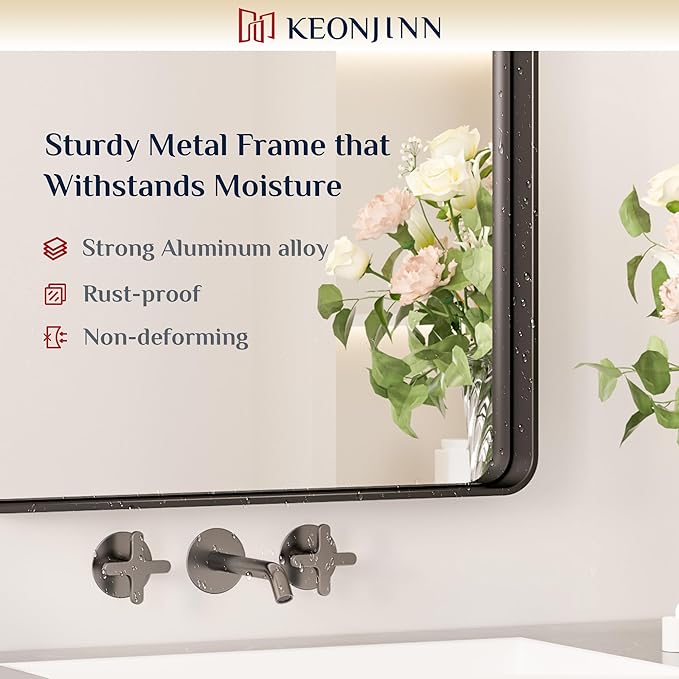 Keonjinn Black Bathroom Mirror, 20 x 30 Inch Rounded Rectangle Sandblasted Finish Bathroom Mirrors for Over Sink, Matte Black Farmhouse Mirror with Seamless Frame, HD Tempered Glass Vanity Mirror