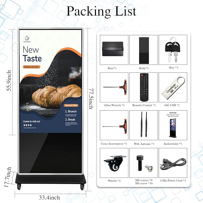 65" 4K LCD Touchscreen Digital Signage Display, Indoor Floor Standing Advertising Player, Commercial Digital Signage Kiosk with Auto AD Player, HDMI WiFi Bluetooth Input, Android 12.0 Black