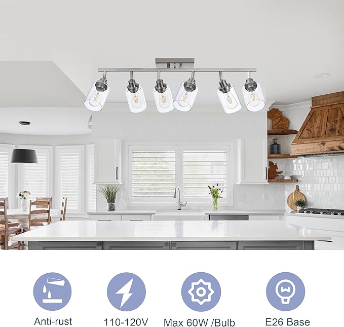 6 Light Track Lighting Kit Brushed Nickel Kitchen Track Lighting Fixtures Ceiling Mount Bathroom Vanity Wall Scones Light Fixture with Clear Glass, Rotatable Spotlight for Kitchen Shop Hallway