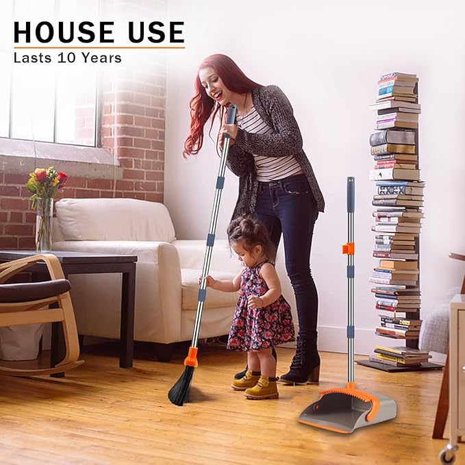 2-Pack is More economical，Upgraded Upright Broom and Dustpan Combo with 52" Long Handle, Dustpan Teeth with self-Cleaning Function, Indoor and Outdoor Sweeping, Perfect for Home Office.