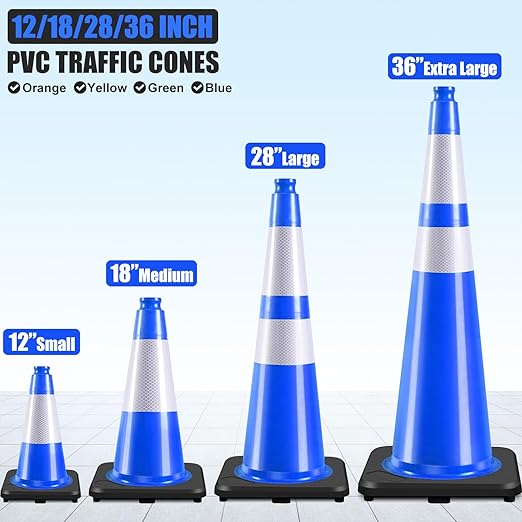 6 Pack 12" Inch Blue PVC Traffic Cones with Heavy-Duty Base, High-Visibility All-Weather Safety Cones for Road Construction, Parking Lot, and Garage Use (6, Blue, 12" Small)