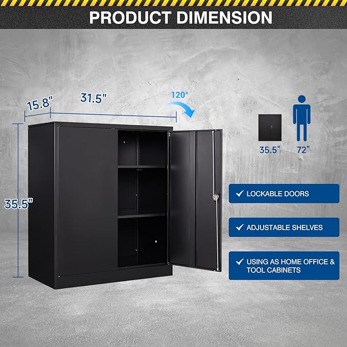 Metal Storage Cabinet-36” Tall Steel File Cabinets with Lockable Doors and Adjustable Shelves-Black Steel Storage Cabinet for Home Office, School, Garage