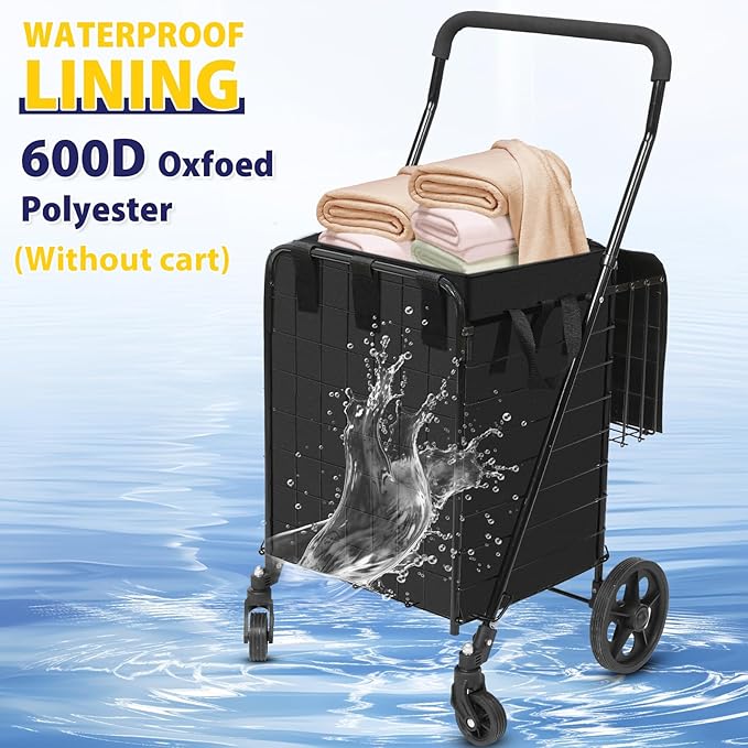 Waterproof Shopping Cart Liner with Cover (Without Carts) 14.7" X 13.2" X 20" Square Bottom, Fits Folding Shopping Trolley, Cover and Adjustable Straps for Easy Secure Attachment (Black