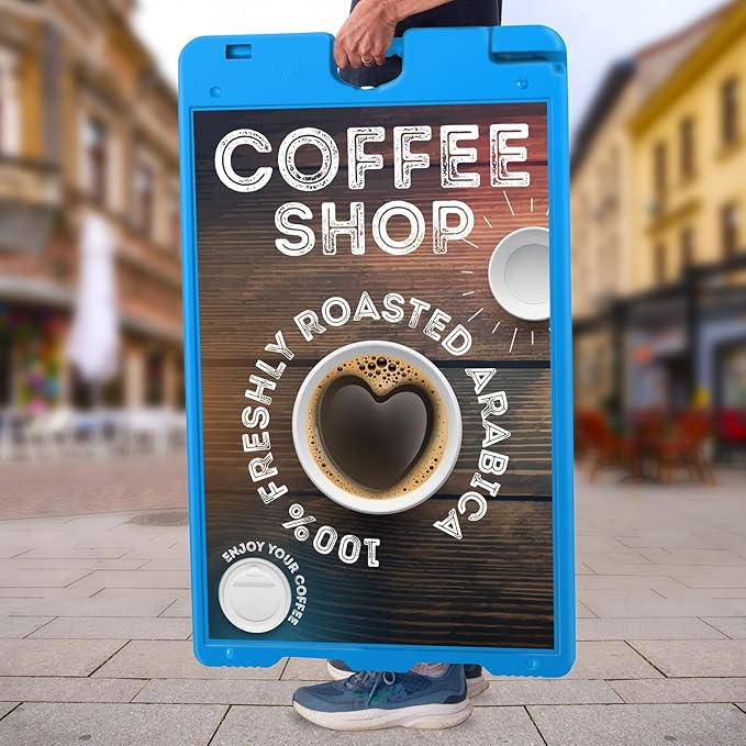 Jumbl Outdoor A-Frame Sandwich Signboard 24” x 36” Display Surface – w/PVC Sign Protector & Sand Fill Holes – Duel Display Signage Stand for Storefront Sidewalk Curb (Blue)