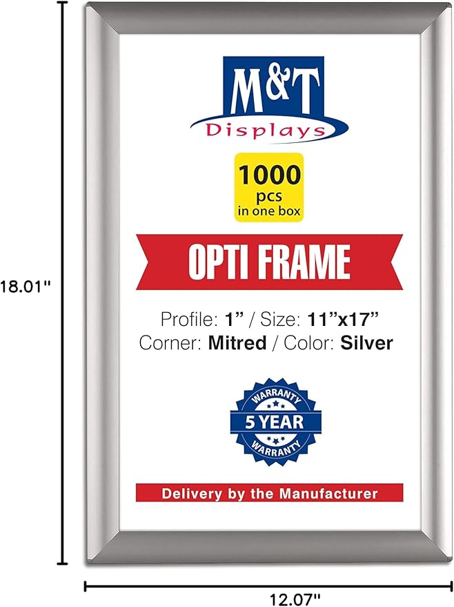 M&T Displays Opti Snap Poster Frame 11x17 Inch Silver 1" Aluminum Profile Front Loading Wall Mounting Photo Picture Document Certificate Sign Holder Mitered Corner Anti Glare Cover (1000 pack)