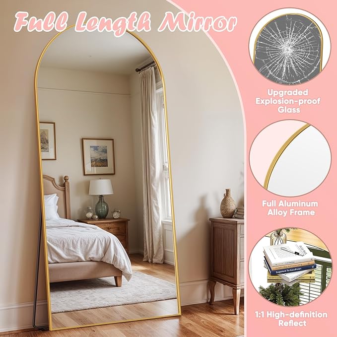 Full Length Mirror, 71" x 28" Arched Full Body Mirror Large Standing Floor Mirrors, Mirrors for Bedroom, Bathroom, Living Room Standing or Wall Leaning, Gold