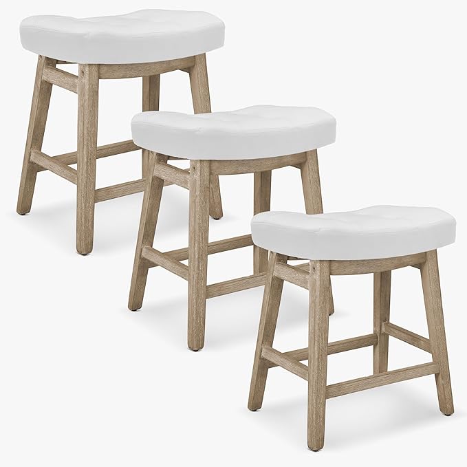 White Bar Stools Set of 3 for Kitchen Counter Island Counter Height Farmhouse Modern Barstools with Faux Leather Upholstered Backless Seat and Solid Wood Legs 24 inch Bar Chairs