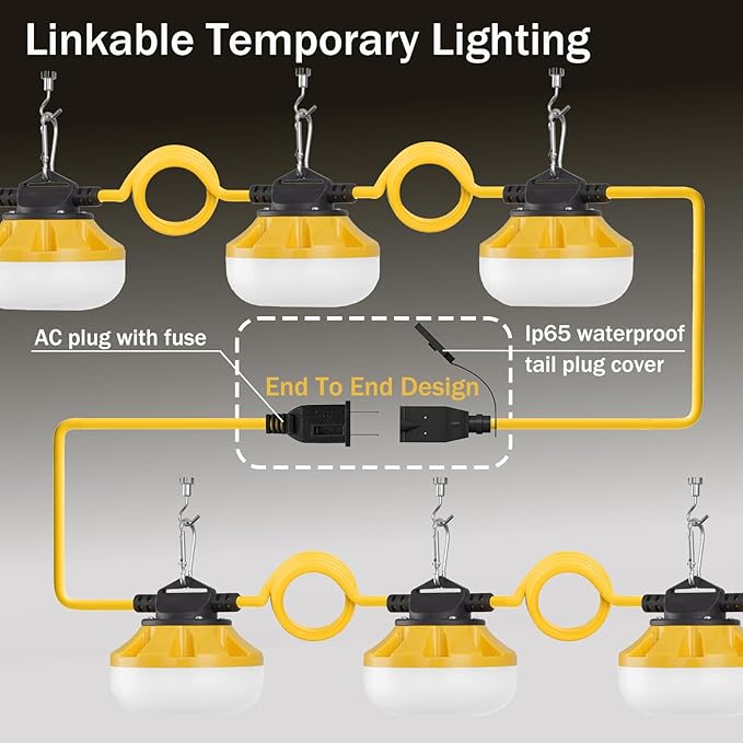 100FT LED Construction String Lights, 10 Bulbs Waterproof Linkable Industrial String Work Lights & Hooks, 5000K Daylight Temporary Lighting for Jobsite Attic Cralspace