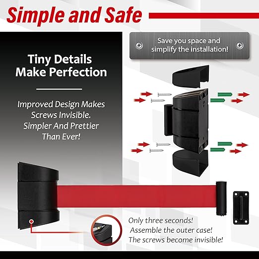 DuraSteel Wall Mount Crowd Control Retractable Belt Barrier - 9.2 Ft Red Retractables Barrier Belt w/ABS Casing, Do Not Enter Crowd Control Barriers Line Divider NOT Stanchions with Retractable Belts