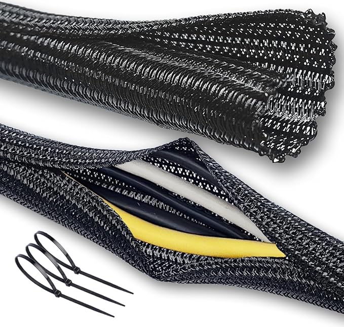 Cable Management Split Wire Loom Sleeve - Cord Hider & Protector for Desk, Pet Chew Proof, Wire Cover Organizer, Flexible Tube for Wires and Cables (1 & 1/2 Inch 10FT Each, Black)