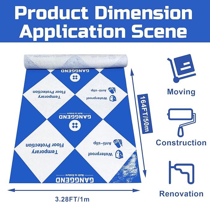 39in x 164ft Temporary Floor Protection for Construction & Renovation, Heavy Duty Floor Protection for Hardwood Floors, Tile, Carpet, Countertops, Hard Paint Protection (Blue and White)