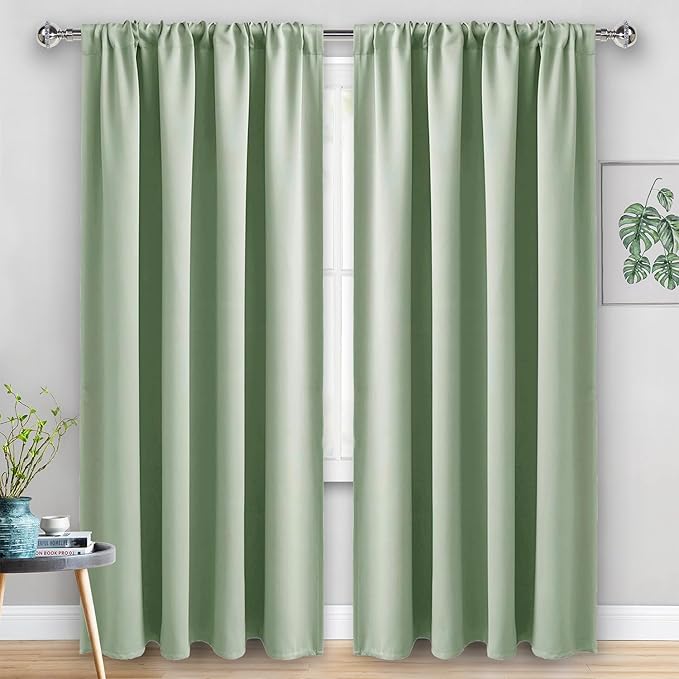 JIUZHEN Blackout Curtains for Bedroom - Thermal Insulated Room Darkening Rod Pocket Curtains for Living Room, Set of 2 Panels with Tiebacks, 70 x 96 Inch Length, Light Green