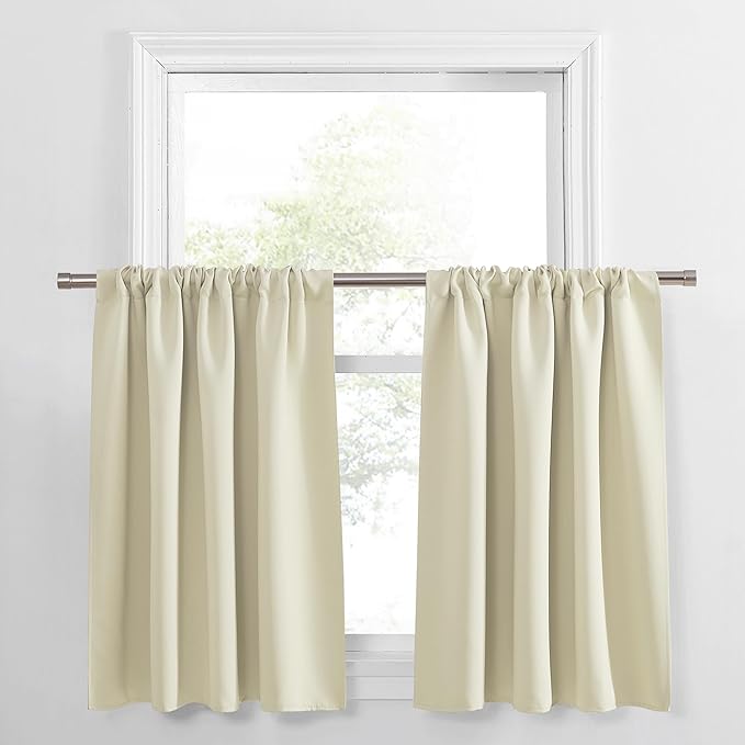PONY DANCE Beige Kitchen Curtains 36 inch Long, Small Window Treatments Rod Pocket Energy Efficient Short Blackout Curtain Panels for Rv Camper, 42-inch Wide by 36 Long, Light Beige, 2 Pieces