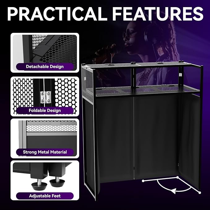Portable DJ Booth Table,Foldable DJ Table Stand with White & Black Scrim,Adjustable DJ Facade Booth Station Metal Frame with Cable Hole for Private Events, Clubs, Bars (40x20 Double Deck)
