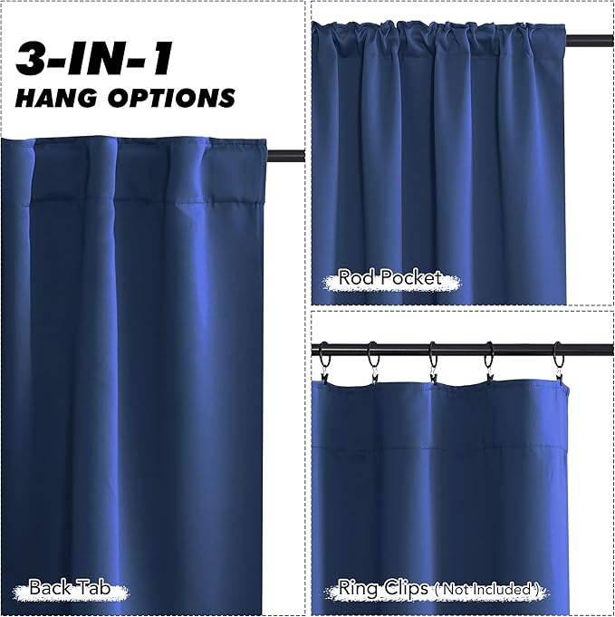 KGORGE Blackout Curtains for Bedroom, Privacy Thermal Insulation Room Darkening Noise Reducing Rod Pocket and Back Tab Drapes for Living Room Bedroom, W52 x L63 inches, Blue, 2 Panels