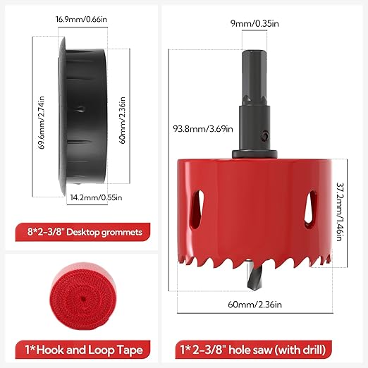 8Pcs 2-3/8" (60 mm) Black Desk Grommet, Plastic Grommet with Hole Saw, Desk Wire Grommet with Hook and Loop Tape
