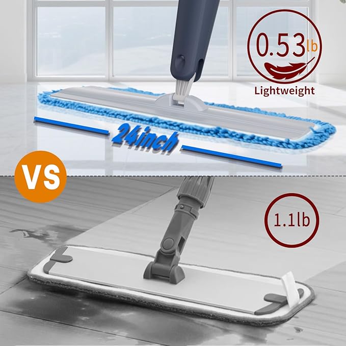 24" Dry mops for Floor Cleaning, Microfiber mop Spray System, Commercial Heavy-Duty Wet mops with 28oz Big Tank, 2 Washable Pads for Lobby, Pool, Factory, Office, Warehouse, Concert, Library (1)