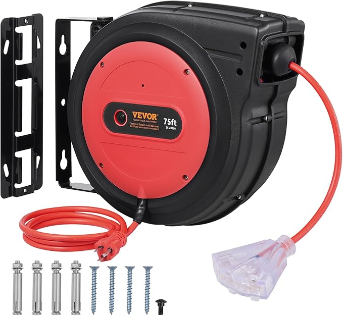 VEVOR 75FT Retractable Extension Cord Reel, 14AWG/3C SJTOW Heavy Duty Power Cord w/Lighted Electrical Triple Tap Outlets, 13A Circuit Breaker,180° Swivel Bracket for Workshop or Garage, Red