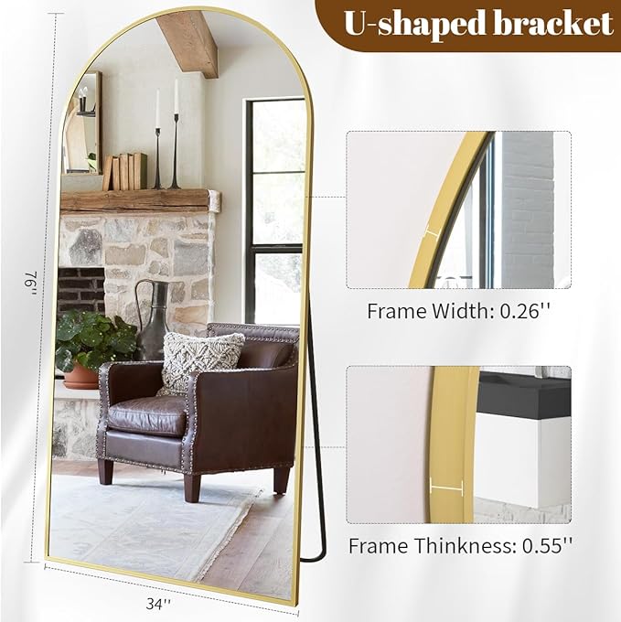 Koonmi 34"x76" Arched Full Length Mirror, Gold Large Floor Mirror with Aluminum Alloy Frame, Standing, Hanging or Leaning Wall-Mounted Vanity Mirror for Living Room and Bedroom