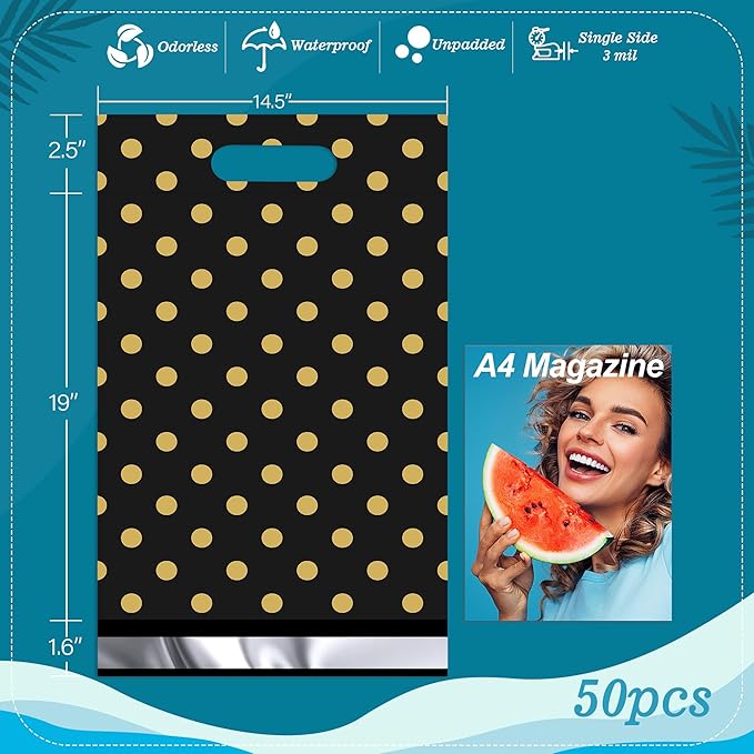 JinRuiKJ Poly Mailers with Handle 14.5x19 Inch 50 Pcs, Easy to Carry Packaging Bags for Small Business, Thank You Shipping Bags with Self Adhesive Strip, Tearproof and Waterproof - Gold Polka Dot