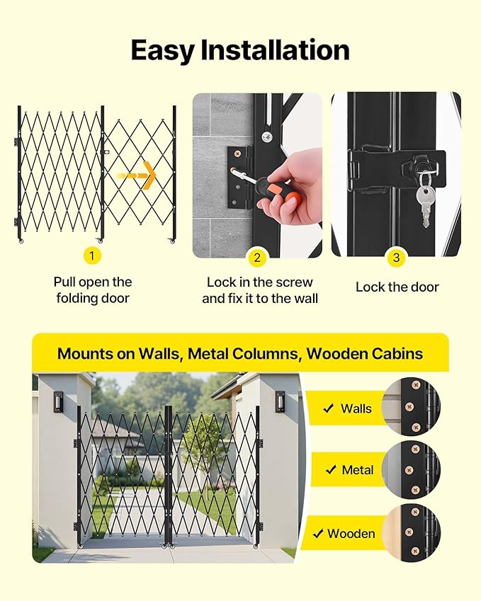 VEVOR Double Folding Security Gate, Lockable Scissor Gate with 360° Swivel Casters, Outdoor Barricade Steel Retractable Gates, for Entry Security, Garage, Warehouse & Pool, 145.67 x 63.19 in (W x H)