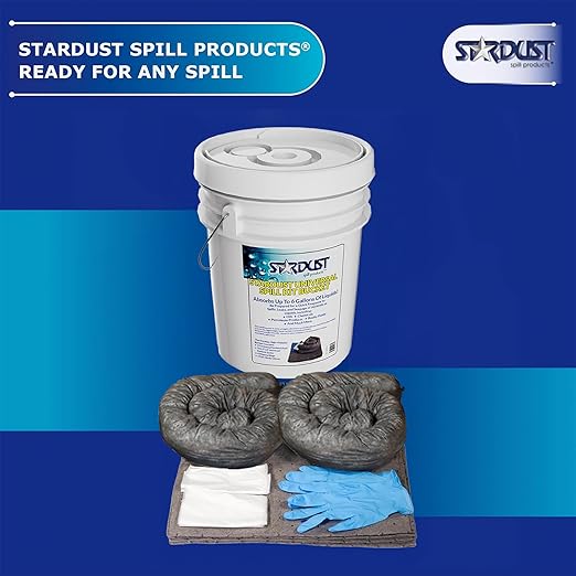 STARDUST Spill Products D905U Universal Spill Kit OSHA Approved - Portable Bucket (15) Universal Sorbent Pads, (2) 3"x4' Absorbent Socks, (4) Disposal Bags & Nitrile Gloves Spill Kit For Fast Response
