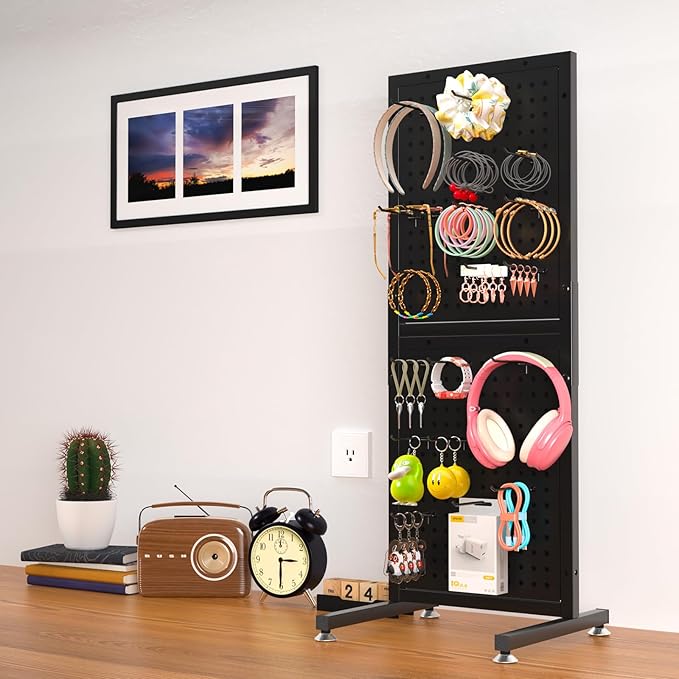 Metal Pegboard Shelf - Peg Board Display Wall Mount with 24 Hooks, 12.5x32.8 In Portable Garage Desktop Pegboard Organizer Retail Display Rack For Jewelry Hair Accessories, Mobile Phone Shop/Black