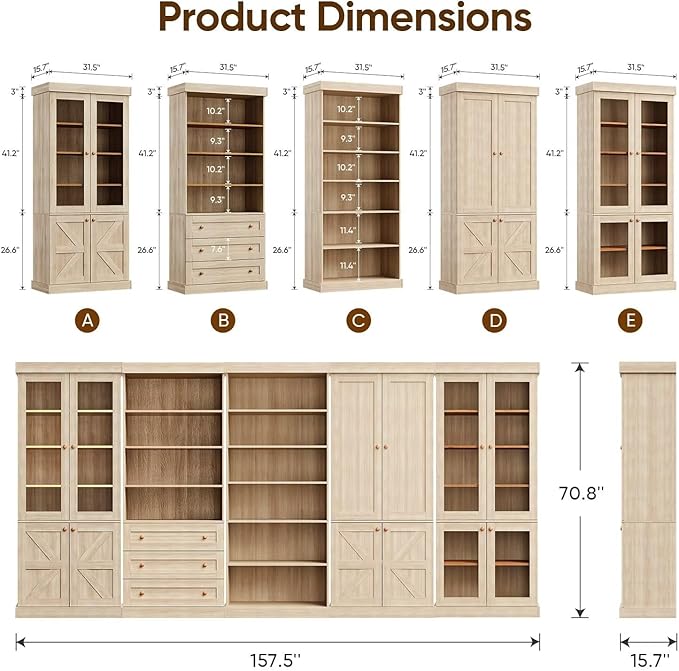 Vyre 70.8" Tall Farmhouse Bookshelf with Glass Doors, Modular Bookcase with 6-Tier Adjustable Shelves, Large Storage Cabinet for Kitchen, Living Room, Brown, Set of 3
