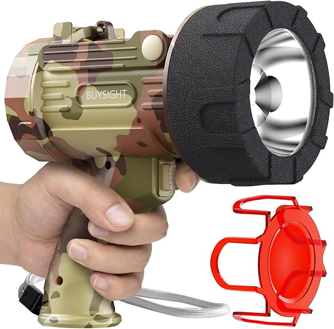BUYSIGHT Rechargeable Spotlight Flashlight,1000000 LMS Hand held Spot Lights IP67 Waterproof led Flash Lights Boat Spotlight Torch with red Filter (Camouflage Grey)