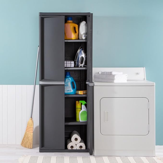 Sterilite 2-Pack 4 Shelf Cabinet, Lockable Utility Storage w/ Adjustable Shelves, Gray - Plastic Shelving Unit for Organizing Garage, Pantry, Basement, Laundry Room or Mudroom