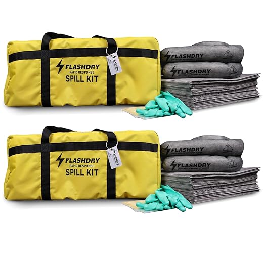 Set of 2 Flashdry Portable Complete Spill Kits with Yellow Duffle, Bag Tag, 15 Spill Absorbent Pads, 2 3"x4' Sorbent Socks, Disposal Bags, Nitrile Gloves