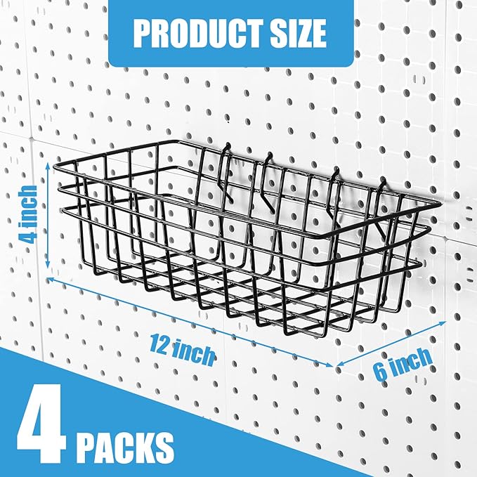 Sieral 4 Pcs Large Pegboard Baskets Set 12 x 6.5 x 4 Inch Black Metal Wire Baskets Peg Board Organizer Accessories Wall Mount Pegboard Bins Workbench Garage Storage Versatile Wall Organizer Attachment