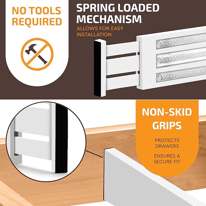 6 Pack Drawer Dividers 4 Inch High, 11”-17" Adjustable Bamboo Organizers Large Expandable Drawer Separators for Cloths, Dresser, Bedroom, Bathroom, Baby Drawer, Office & Kitchen Utensils (White)