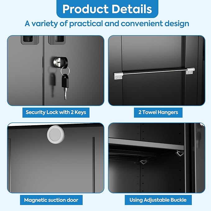 Garage Storage Cabinet with Wheels and 5 Pegboard, Broom Closet Storage Cabinet with Hanging Rod and 13 Hooks, Metal Cabinets with 4 Shelves for Garage, Home, 71"H x 31.5"W x 15.75"D, Black