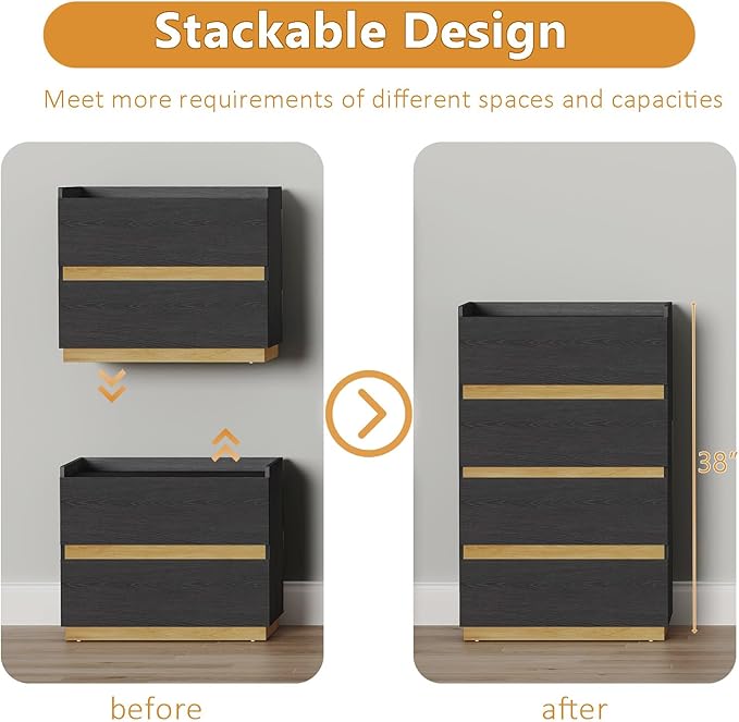 Large Modern Nightstand Black Bedside Table, 2 Drawer Dresser Wood Stackable Storage Drawers for Clothes for Closet, Bedroom, 24"x16"x20"