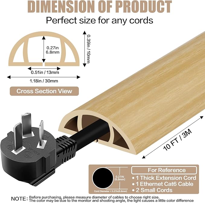 Floor Cord Cover Self Adhesive Cord Hider,10FT Cable Management, Extension Strip Protector for Wires, Prevent Cable Trips for Offices, Gyms, Exhibitions Cavity:0.39"(W) x0.27(H) WoodLightyellow