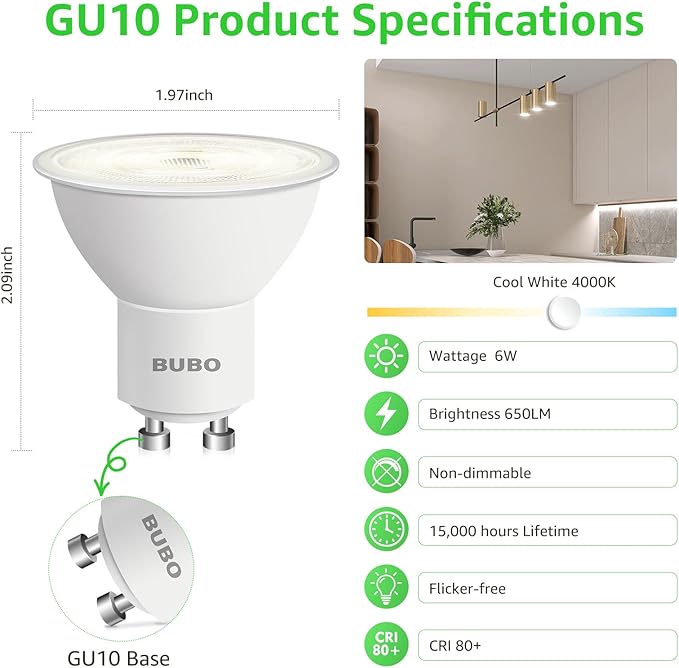BUBO GU10 LED Bulb 6W Equivalent 50W, 4000K Cool White 650 Lumens, Non-Dimmable GU10 Bulb Replacement for Track Lighting, MR16 LED Bulb for Kitchen, Range Hood, Living Room, Bedroom, 20 Pack