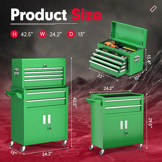 Superday Metal Tool Chest, 8 Drawer Rolling Tool Chest with Wheels, Detachable Tool Storage Cabinet with Lock for Garage, Steel Tool Cart with Liner & Hooks for Workshop, Warehouse (Green)