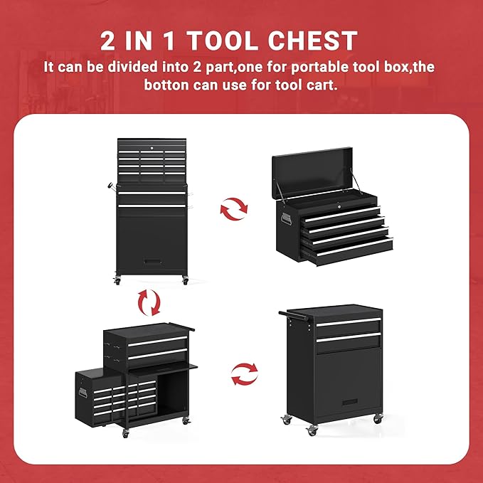 6-Drawer Tool Chest, Rolling Tool Storage Cabinet with Enhanced Packaging, Detachable Top Tool Box, Liners,Tray Divider, Metal Tool Cart for Workshop Garage, Black