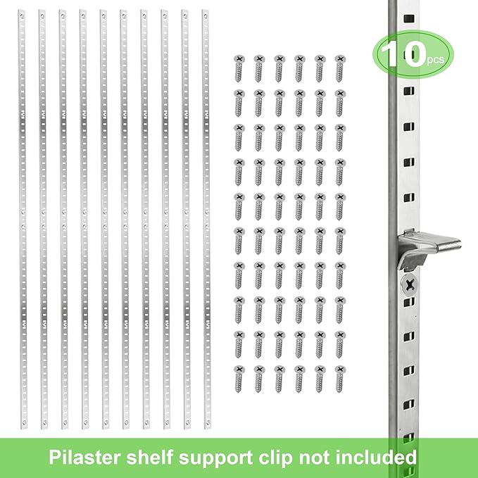 Bueyfolt 34 Inch 10Pcs Pilaster Shelf Brackets, Adjustable Mortise Mount Shelf Rails with Screws for Wall Shelving System