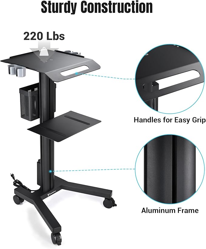 AW Mobile Laptop Cart Medical Rolling PC Stand Computer Workstation on Wheels with Handle 220 Lbs Capacity CPU Printer Power Strip Holder for Lap School Office Salon Spa Dental
