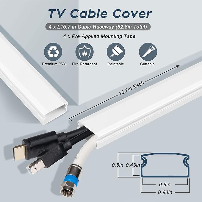 Cable Cover, 62.8in Black Cord Hider for TV, Paintable Cord Cover Kit, Hide Cords - Cord Concealer Cable Channel 4xL15.7in W0.98in H0.5in