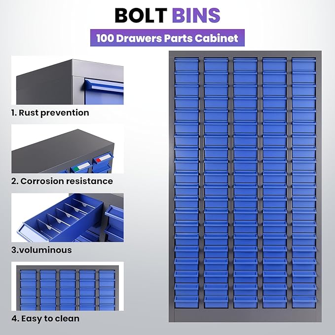 100 Drawers Alloy Steel Nut and Bolt Organizer, Parts Cabinet with Adjustable Shelves and Label Stickers, Bolt Organizer for Nuts Bolts Parts Screws Small Items (100 Drawers)